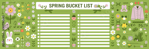 Green spring checklist with icons of butterfly, flower, rabbit, and raincoat
