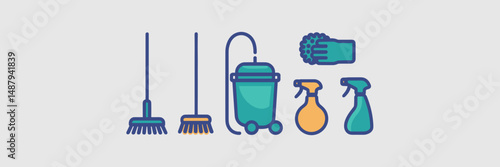 Flat design icon set of cleaning tools – Ideal for housekeeping services, janitorial branding, or hygiene product ads