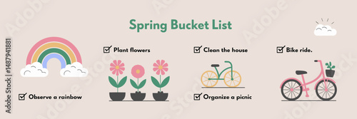 Spring bucket list icon with rainbow and picnic checklist – Perfect for printable checklists, seasonal planners, or children’s activity graphics.