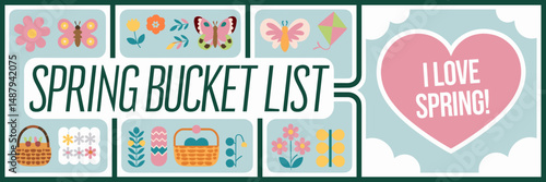 Spring bucket list icon with flowers, butterfly, and picnic basket – Ideal for spring-themed printables, classroom decorations, or seasonal lifestyle content.