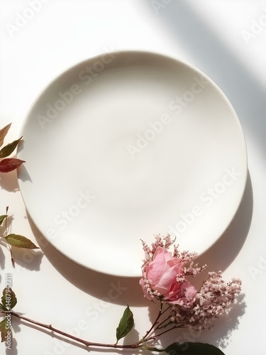 Empty Plate with Flowers: A minimalist styled image of a large, empty, off-white plate adorned with delicate pink flowers and reddish-brown leaves.  The scene is bathed in soft sunlight.