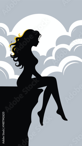 Silhouetted Woman Contemplating on a Clifftop Under a Cloudy Sky