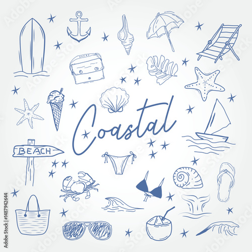 set of blue toned beach and sea life objects illustration suitable for summer themed designs, beach party invitations, posters, and ocean related projects.