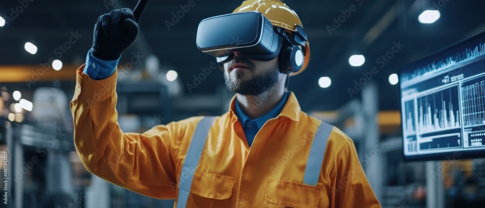 Man in vr headset and safety gear operating factory equipment