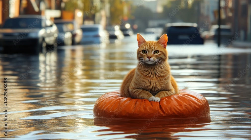 Ginger cat on a pumpkin in flooded city street