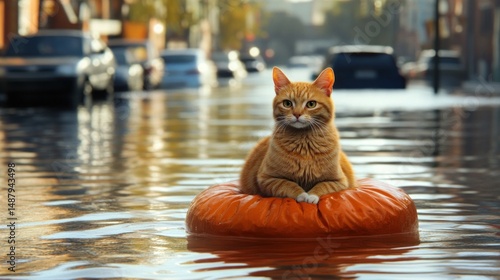 Ginger cat on a pumpkin in flooded city street