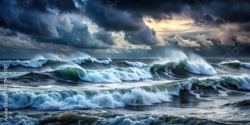 Dark turbulent sea with large waves crashing against the shore in a stormy weather