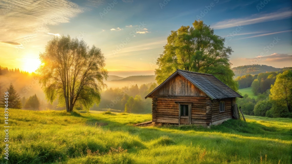 Rustic wooden house stands alone in vast green landscape under warm golden sunlight filtering through the trees, rustic Rustic wooden house stands alone in vast green landscape under warm golden sunlight filtering through the trees, rustic