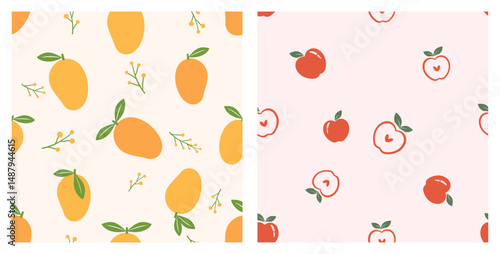 Seamless patterns of mango with green leaves and apple on yellow and pink backgrounds vector.