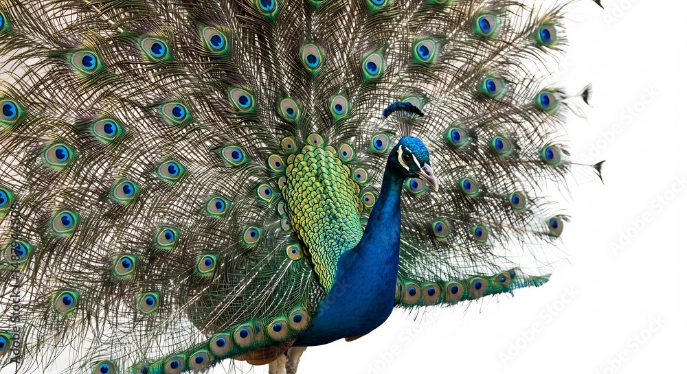 Fototapeta premium 鮮やか羽根広げる孔雀 美しい光沢輝く. AI Generated