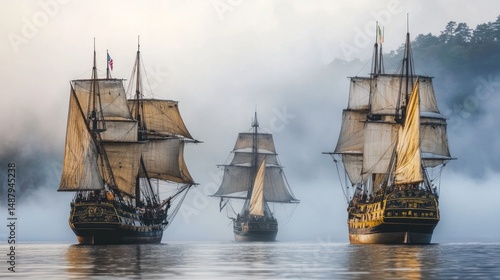 Wallpaper Mural Three antique sailing ships sailing in a foggy sea. Torontodigital.ca