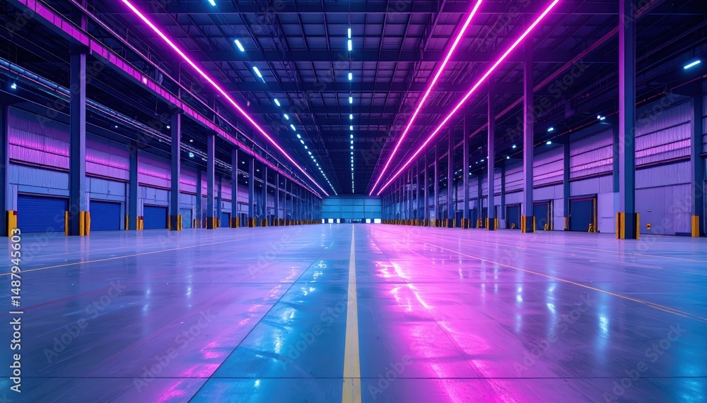 Sprawling Warehouse with Neon Accents and Empty Loading Docks Sprawling Warehouse with Neon Accents and Empty Loading Docks