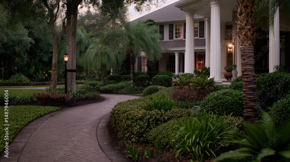 Fototapeta premium Elegant suburban home with landscaped garden and pathway during twilight hours