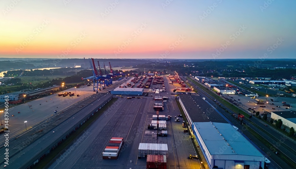 Obraz premium Aerial View of Sprawling Shipping Depot with Loading Docks at Dawn