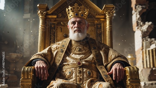 Tapety artystyczne Elderly Byzantine King on Golden Throne, Ruined Building Backdrop 