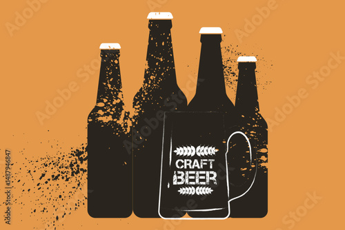 Dark beer, hops, craft, pub poster. Vector design bar, party, lager beer, beer bottle set, glass, oktoberfest