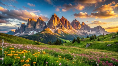 Wallpaper Mural Mountain range with lush greenery and wildflowers at sunset, Italy, Dolomites,  Italy, Dolomites Torontodigital.ca