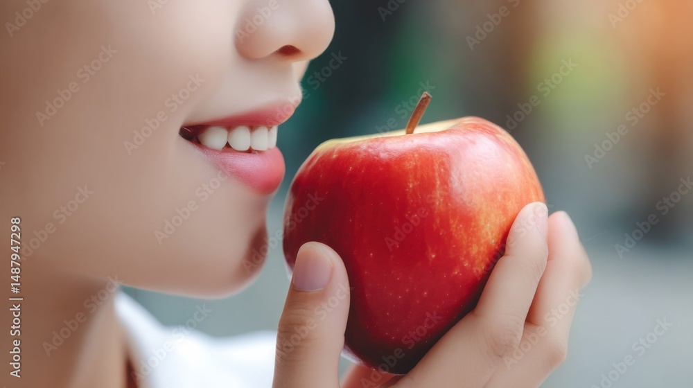 Close-up of a young woman's face, smiling gently as she holds a ripe, red apple, ready to take a bite. The image evokes feelings of health, freshness, and natural beauty. : Generative AI Close-up of a young woman's face, smiling gently as she holds a ripe, red apple, ready to take a bite. The image evokes feelings of health, freshness, and natural beauty. : Generative AI
