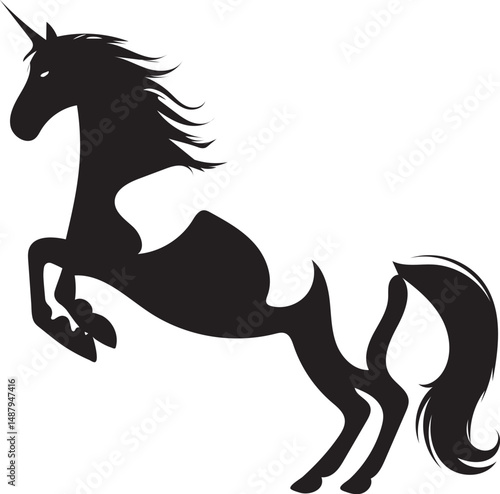 Silhouette of a rearing unicorn with flowing mane and tail on a white background