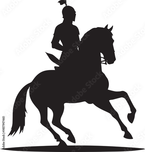 Silhouette of a warrior with helmet riding a horse with a sword on its back side