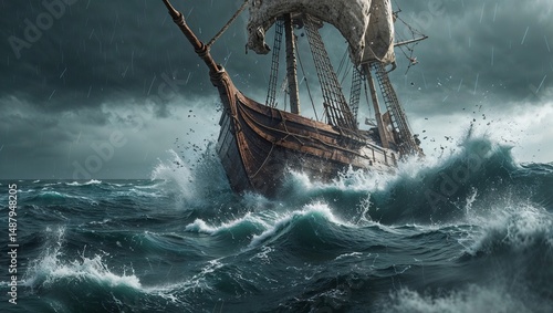 Byzantine ship bravely battling a stormy sea
