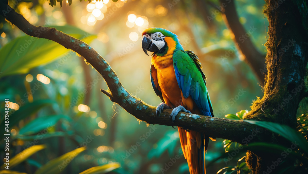 Obraz premium Blue-and-yellow macaw perching on a branch in the rainforest at sunset