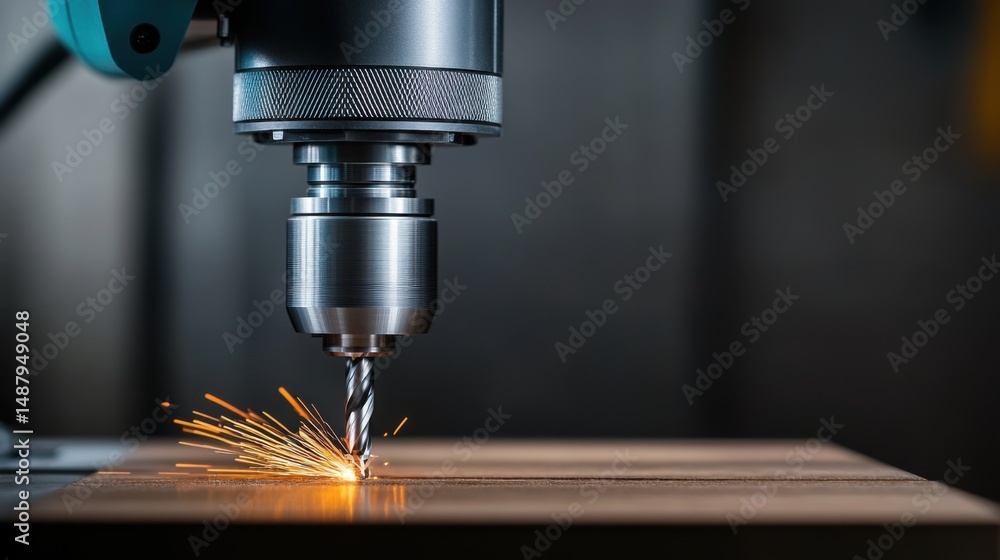 Precision Drilling Process with Sparks Flying from Wood Surface Precision Drilling Process with Sparks Flying from Wood Surface