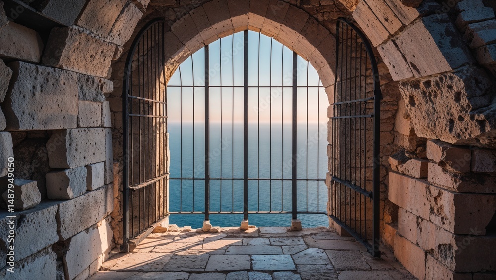 Fototapeta premium Arched Gate in Fortress, historical, looking out to the sea, through stone walls. 