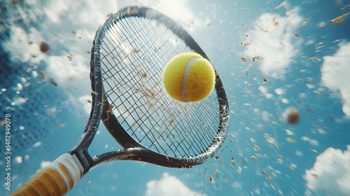 a tennis racket, hitting a yellow tennis ball in extreme slow motion mid-air, sharp impact detail and fiber tension, bright sky in the background, camera angle from below, sharp textures, intense and