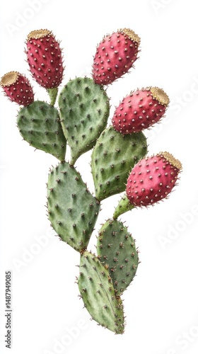 Prickly pear cactus branch with red fruit