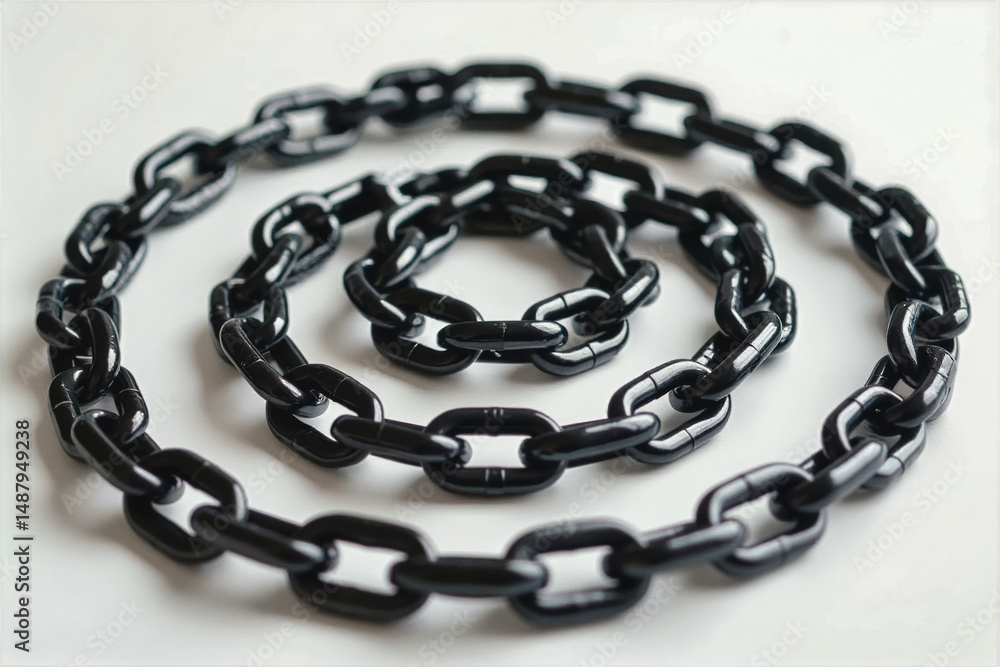 Obraz premium A black metal chain spirals across a white surface, creating an abstract pattern against a stark black backdrop in this studio photograph.