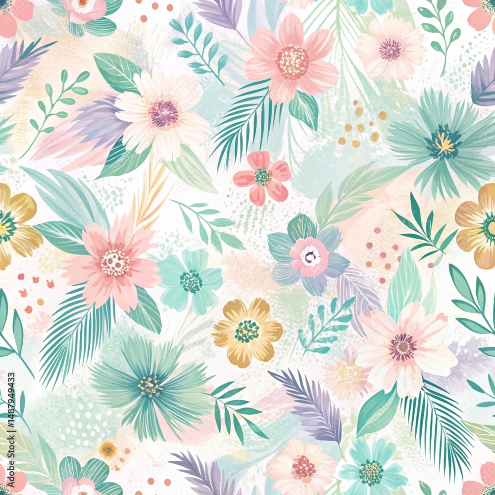 Delicate floral and tropical pattern on a white background. Soft pastel colors create a dreamy and airy aesthetic Delicate floral and tropical pattern on a white background. Soft pastel colors create a dreamy and airy aesthetic