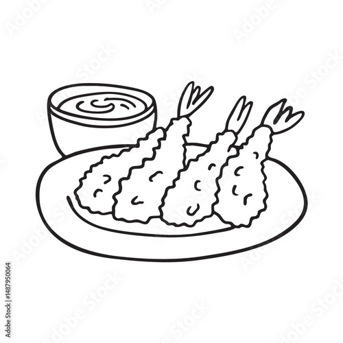 A plate of tempura beside dipping sauce on a table