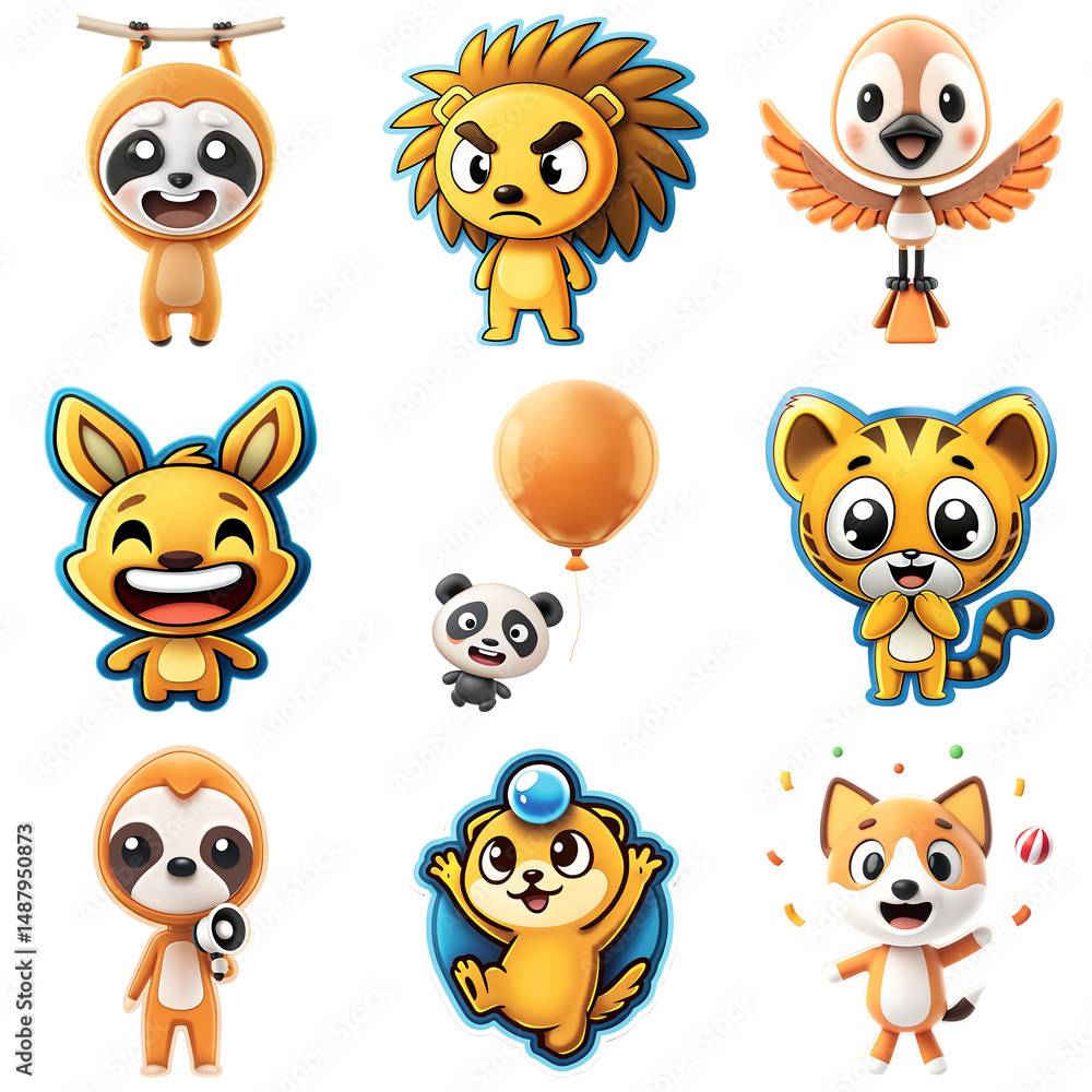 Fototapeta premium Set of cute animal meme characters expressing humor and emotion in various poses and activities