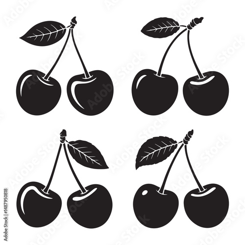 Stylized black cherry fruits silhouette with leaves, minimalist vector art