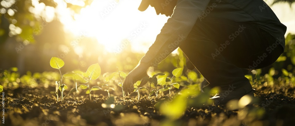 Person planting young plants at sunrise