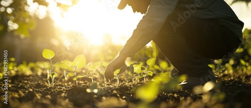 Obraz na płótnie Person planting young plants at sunrise w salonie
