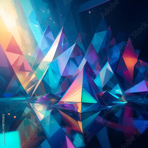 Triangular prisms dynamically reflect vibrant colors, creating an abstract geometric art background with light and shadows in a modern digital illustration style.