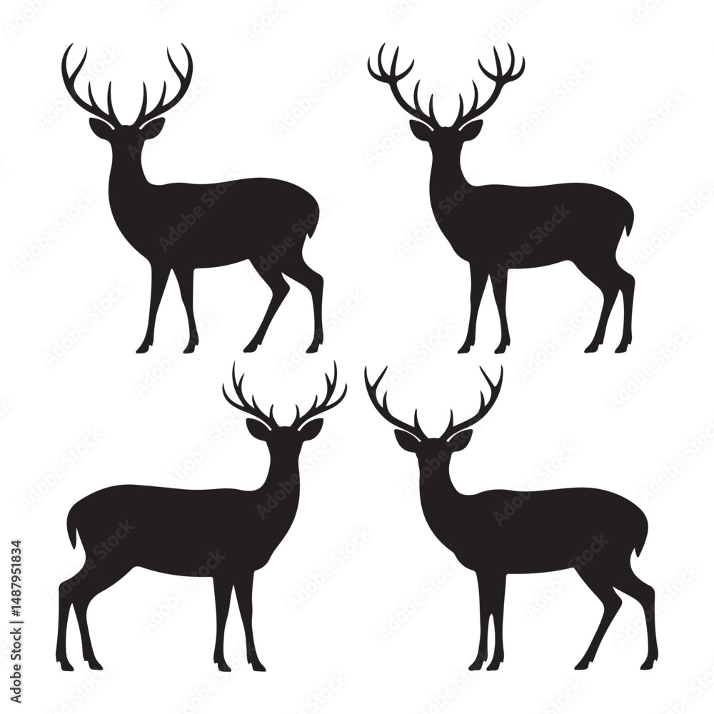 Naklejka premium Stylized black and white deer silhouettes, vector illustration set