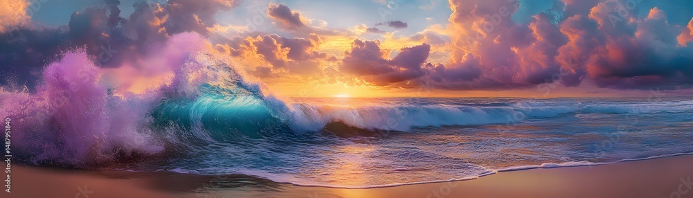 Fototapeta premium Colorful sunset over a dramatic ocean wave.