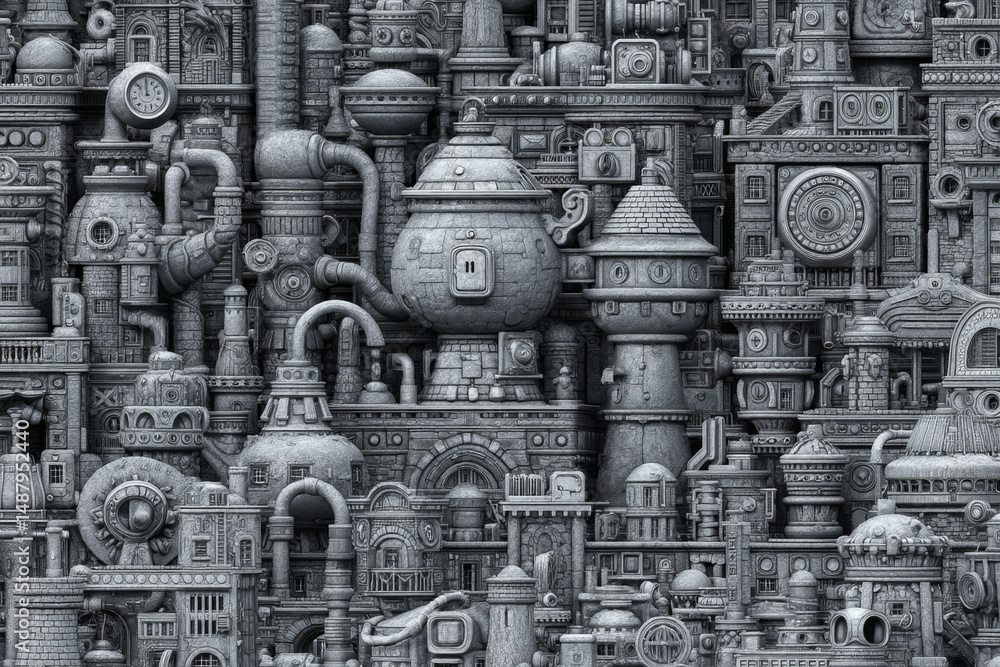 Fototapeta premium Intricate Gray Steampunk Machinery and Pipes in Complex Fantasy Design for Unique and Creative Backgrounds