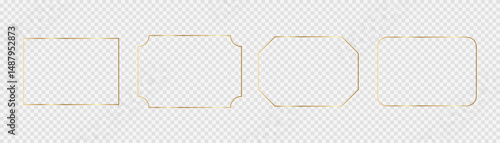 Set of golden frames. Linear decorative geometric collectible golden frames framed on transparent background, minimalism, thin lines, vector graphics.
