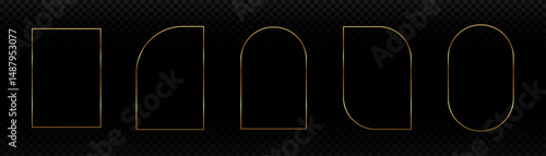 Set of golden frames. Linear decorative geometric collectible golden frames framed on transparent background, minimalism, thin lines, vector graphics.