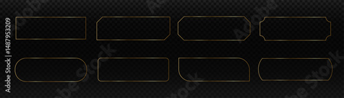 Set of golden frames. Linear decorative geometric collectible golden frames framed on transparent background, minimalism, thin lines, vector graphics.