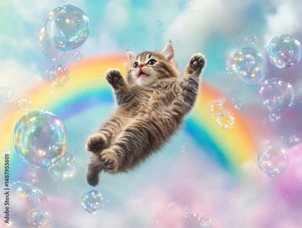 Kitten playing with soap bubbles under rainbow