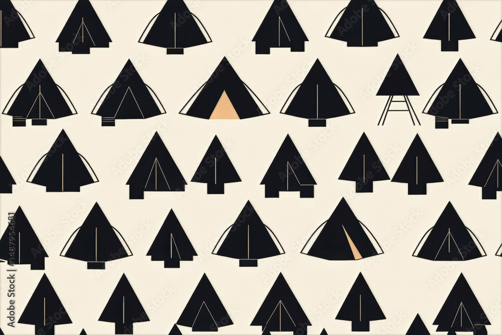A stylized pattern features black tent and evergreen tree silhouettes arranged on a peach-toned background, creating a camping or wilderness theme. A stylized pattern features black tent and evergreen tree silhouettes arranged on a peach-toned background, creating a camping or wilderness theme.