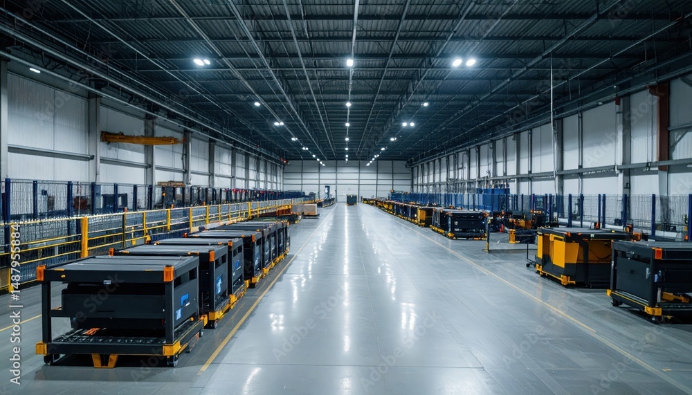 Fototapeta premium Vast Automated Warehouse with Robotic Pickers Illuminated at Night