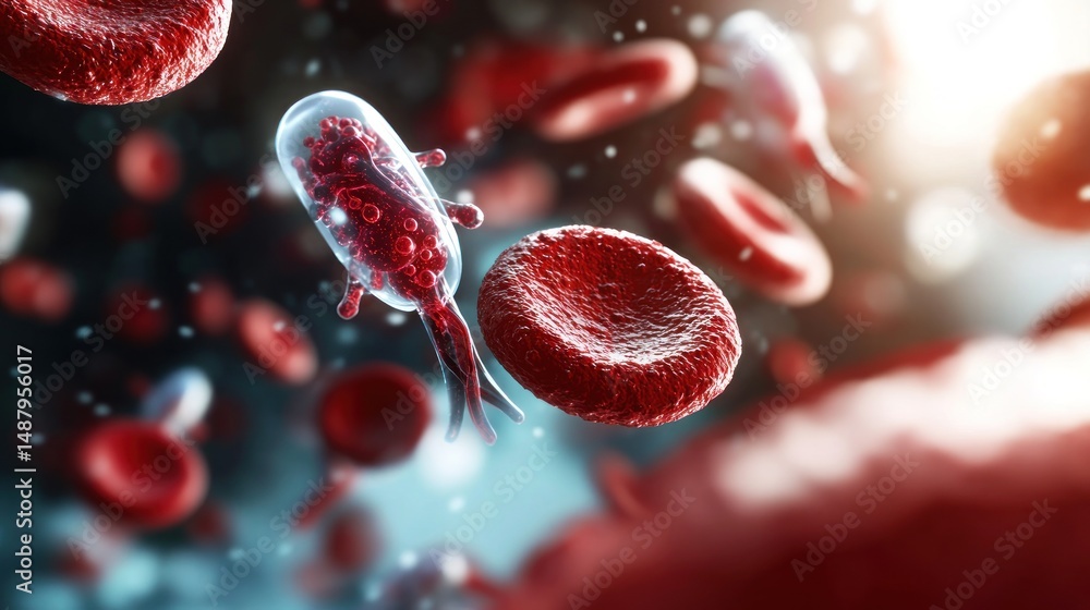 Fototapeta premium Microscopic view of red blood cells and a pathogen in human bloodstream, showcasing infection