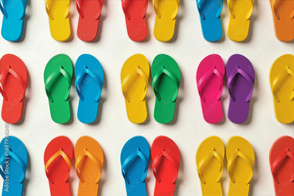 Rows of colorful flip-flops are neatly arranged on a white surface, creating a vibrant and patterned display. Rows of colorful flip-flops are neatly arranged on a white surface, creating a vibrant and patterned display.