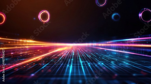 Vibrant abstract digital landscape with glowing lines and circles creating a futuristic scene